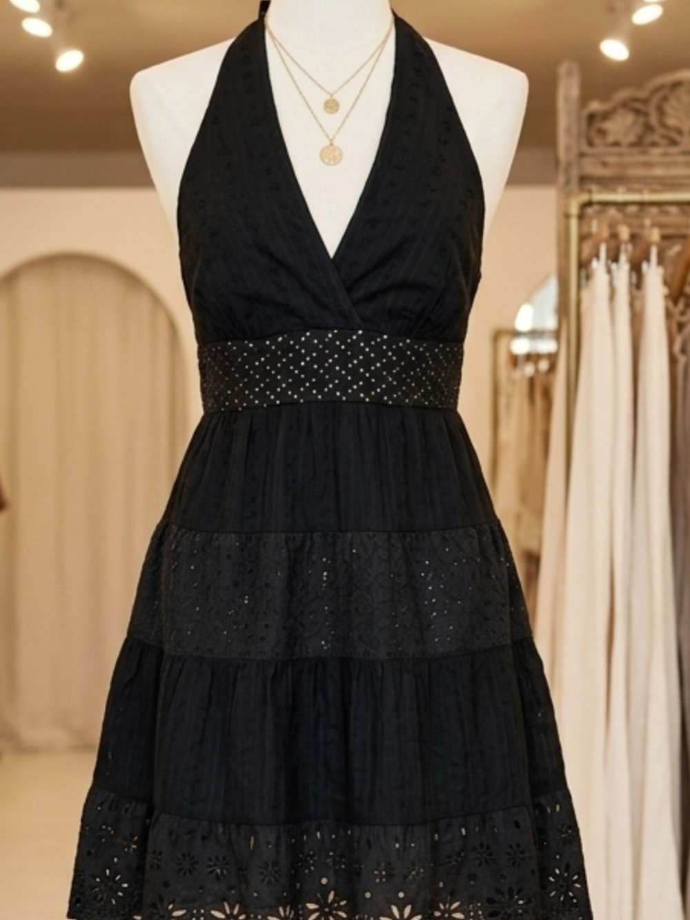 BCBG Black Halter Eyelet Midi Dress with Studded Waistband